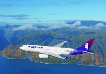 Hawaiian Airlines jet in the air above Hawaii
